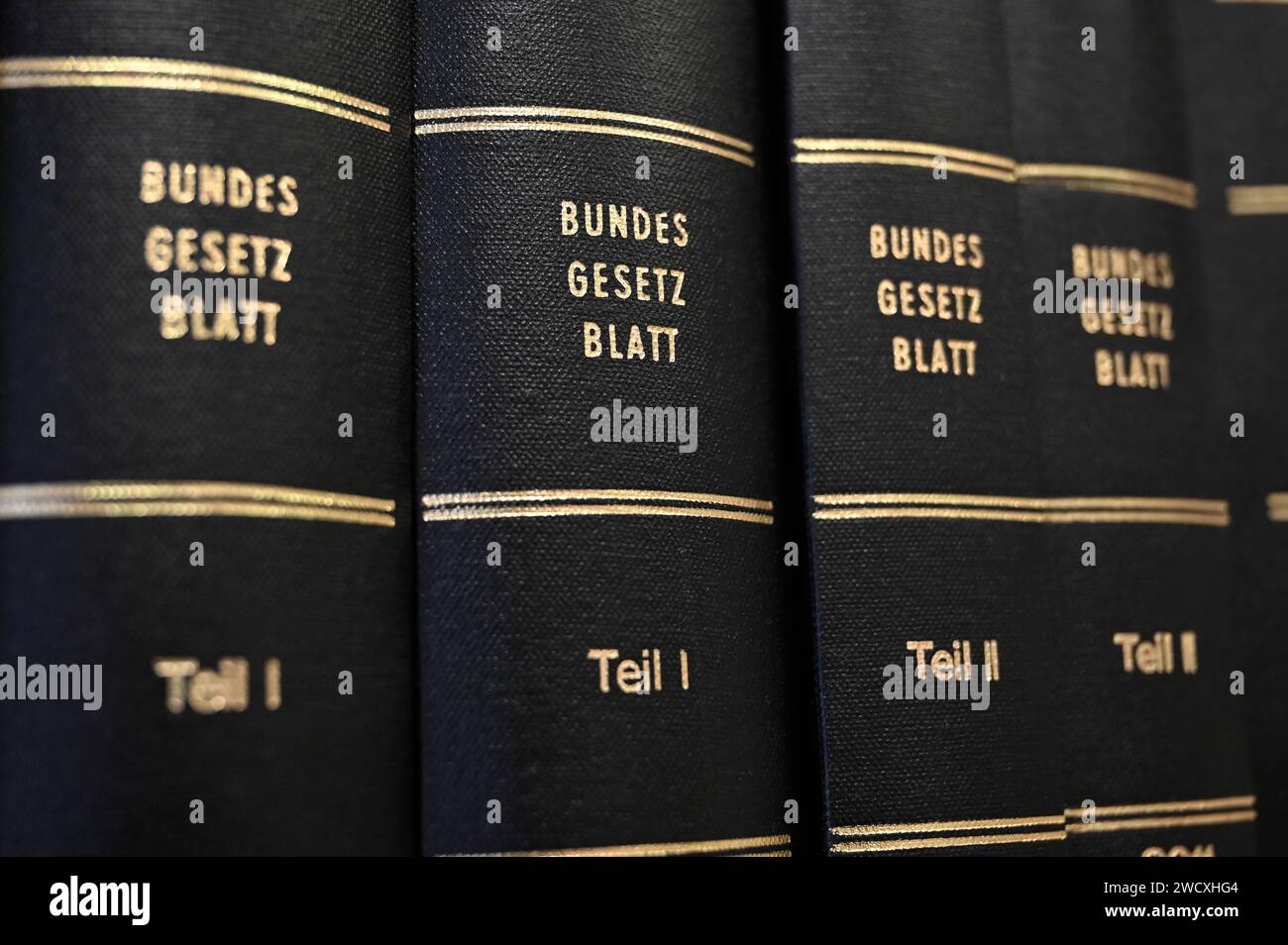 Bundesgesetzblatt in der Bibliothek des Frankfurter Landgerichts Themenfoto vom 17.01.2024. Das deutsche Bundesgesetzblatt Abkuerzung: BGBl ist das amtliche Verkuendungsblatt der Bundesrepublik Deutschland. Es dient zur Bekanntmachung von Bundesgesetzen, Rechtsverordnungen des Bundes und von einzelnen Entscheidungen des Bundesverfassungsgerichts. Es wird vom Bundesministerium der Justiz herausgegeben und vom Bundesamt fuer Justiz auf der Internetseite www.recht.bund.de veroeffentlicht. EDITORIAL USE ONLY *** Federal Law Gazette in the library of the Frankfurt Regional Court Subject photo from Stock Photo