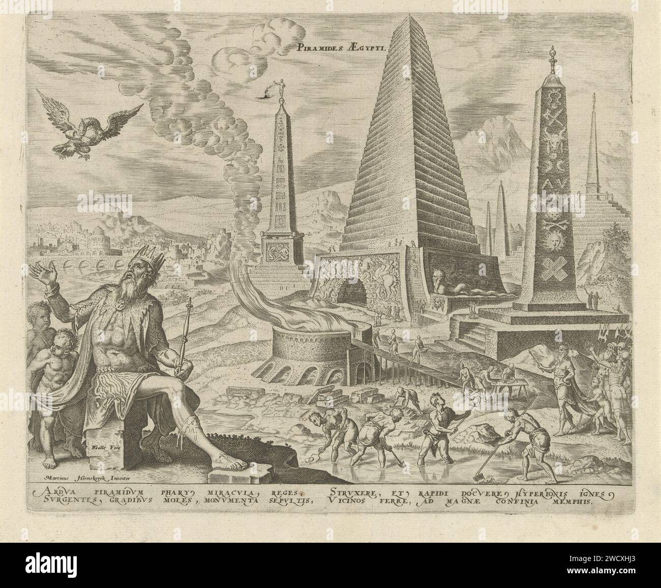 Pyramids of Egypt, Philips Galle, After Maarten van Heemskerck, 1572 print In the background Egyptian pyramids and obelisks. Men made to slave scoop clay from the river, which are then baked into stones in a burning oven for the buildings. In the foreground, Pharaoh Psammetiches is on a stone block. He looks at an eagle with a sandal in his mouth. This image refers to a fable of Aesopus about the relationship between Rhodopis, a young Egyptian woman, and the Pharaoh. The print has a Latin caption and is part of a series about the eight wonders of the world. print maker: Antwerpafter design by: Stock Photo