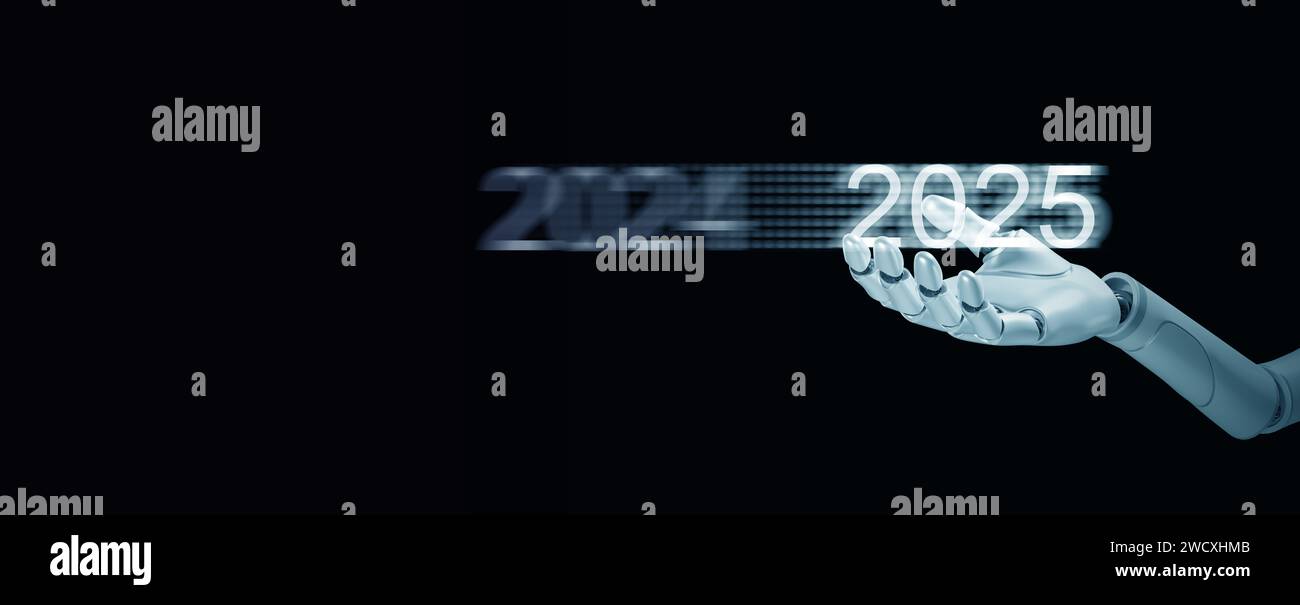 Happy new year 2025. Artificial intelligence, Ai, Robotic hand holding on a changing 2024 into
