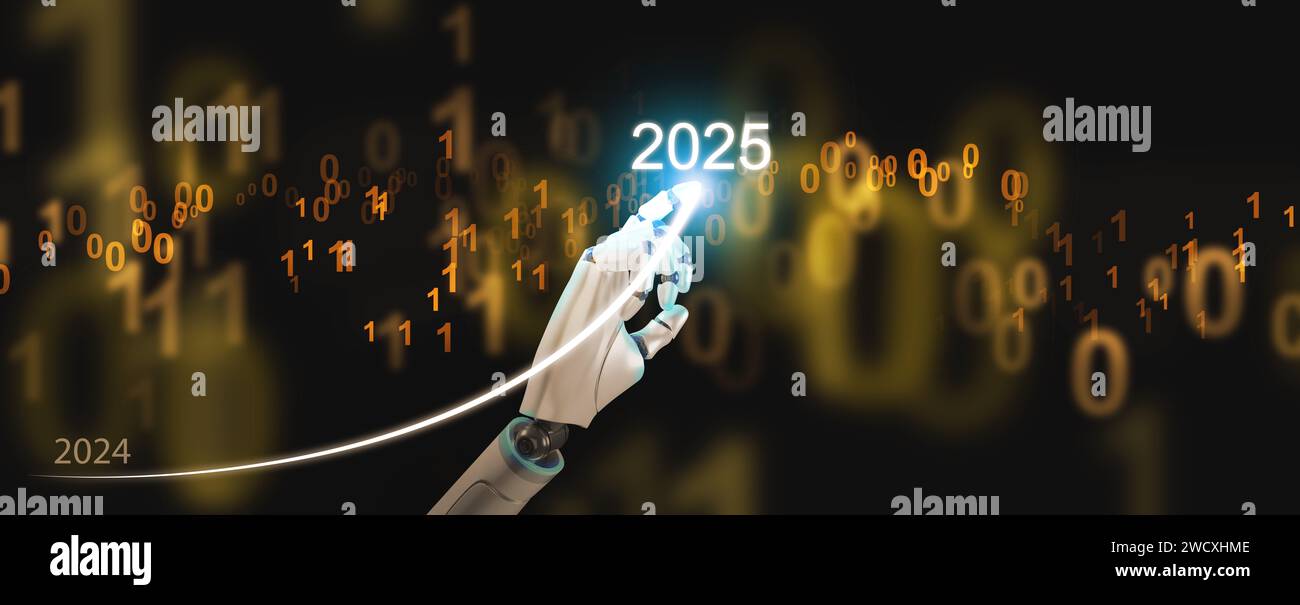 Happy new year 2025. Artificial intelligence, Ai, Robotic hand draws a rising curve, graph, from 2024 to 2025 reflecting the growth, success, and impr Stock Photo