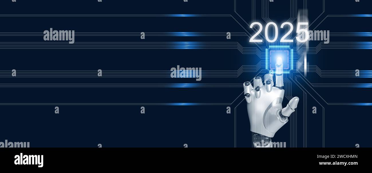 Happy new year 2025. Artificial intelligence, Ai, Robotic hand tapping