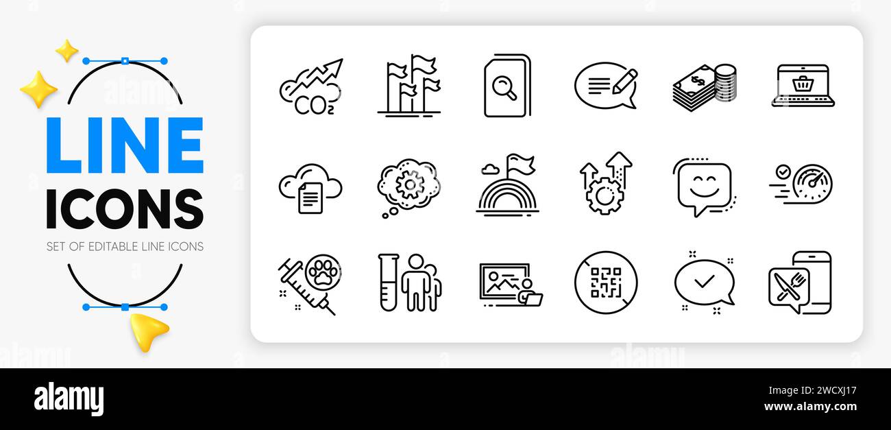 Seo gear, Flags and Speedometer line icons. For web app. Vector Stock Vector