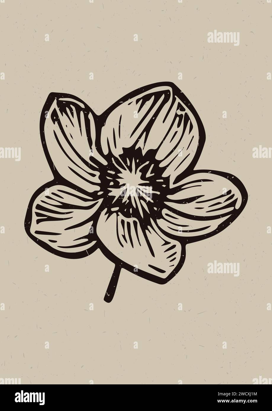 Handmade linocut flower motif clipart in folkart scandi style. Simple monochrome block print