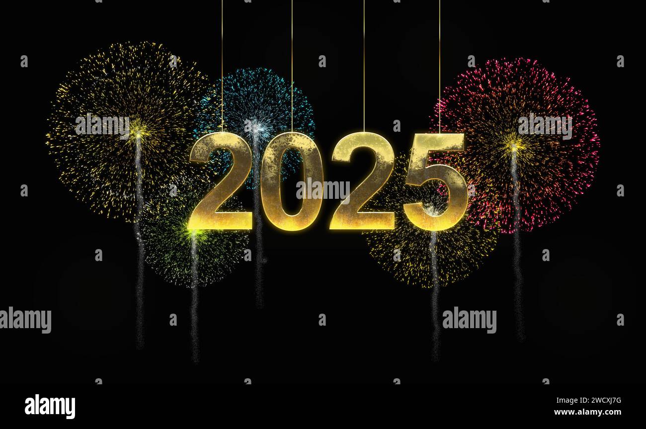 Happy new year 2025. Hanging golden text of 2025 on the night
