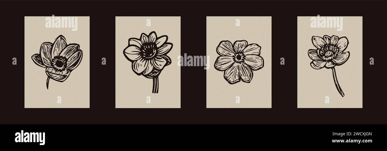 Handmade linocut floral motif clipart in folkart scandi style. Set of simple monochrome block