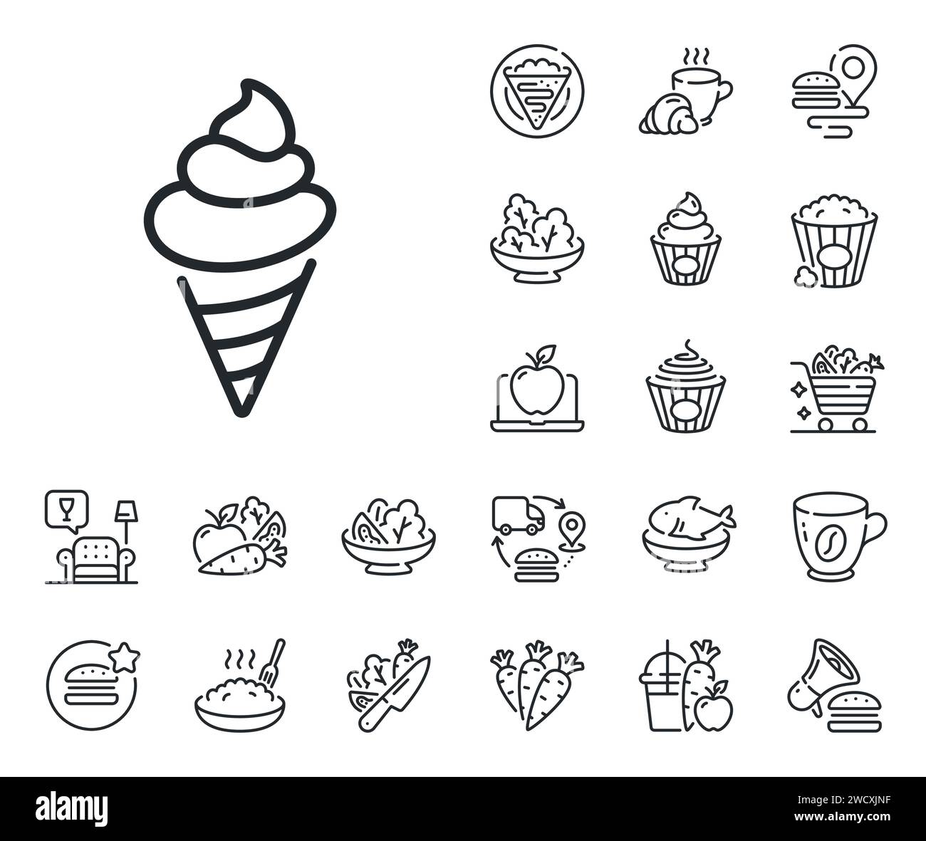 Ice cream line icon. Vanilla sundae cone sign. Crepe, sweet popcorn and ...