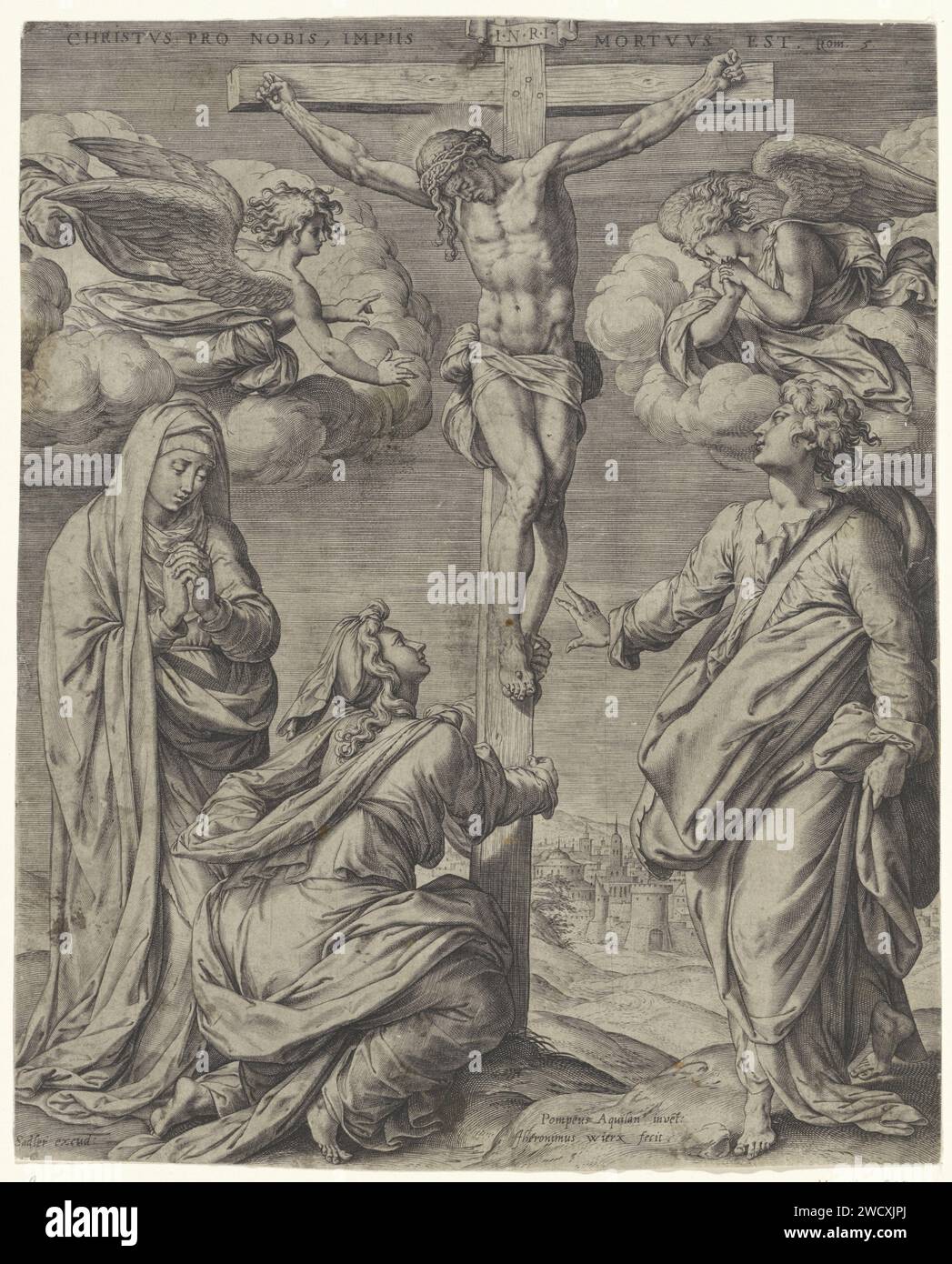 Christ On The Cross Flanked By Two Angels Hieronymus Wierix After Pompeo Cesura 1563