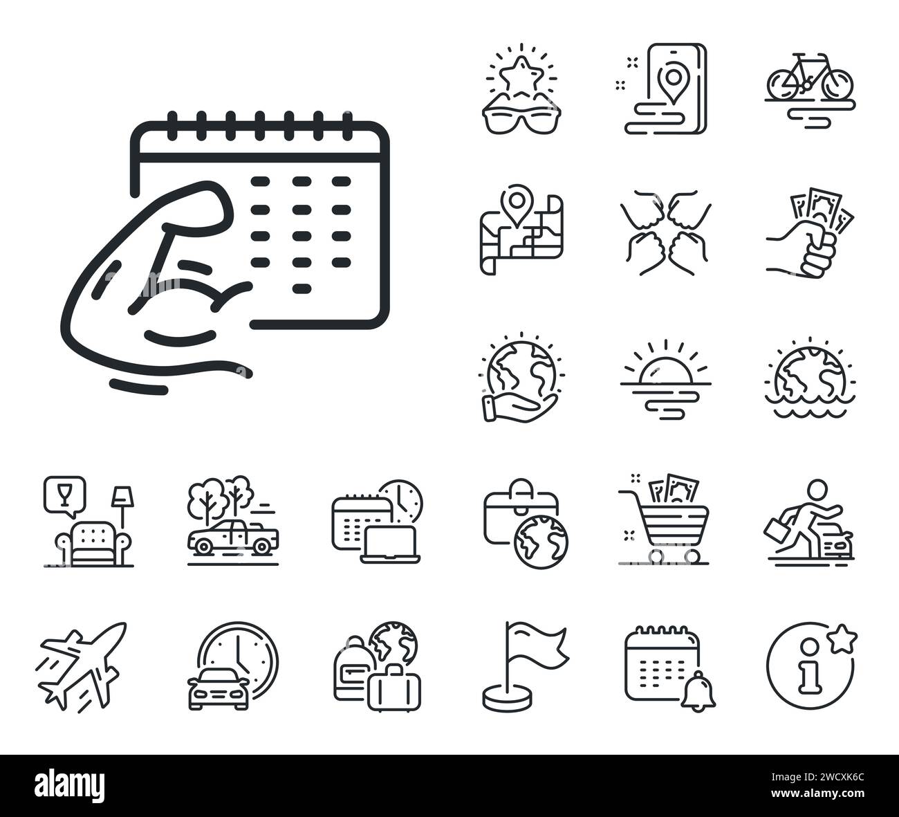 Fitness calendar line icon. Strong muscle arm sign. Plane jet, travel