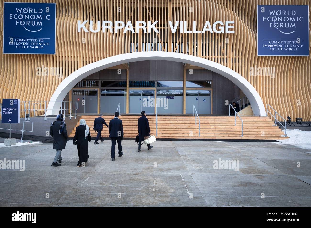 Davos, Switzerland. 17th Jan, 2024. Davos, CH 17 January, 2024. Businesses leaders enter the Kurpark Village at the World Economic Forum. Hosted by Klaus Schwab, the theme for the 54th WEF is restoring trust in the future within societies and among nations. Credit: Andy Barton/Alamy Live News Stock Photo