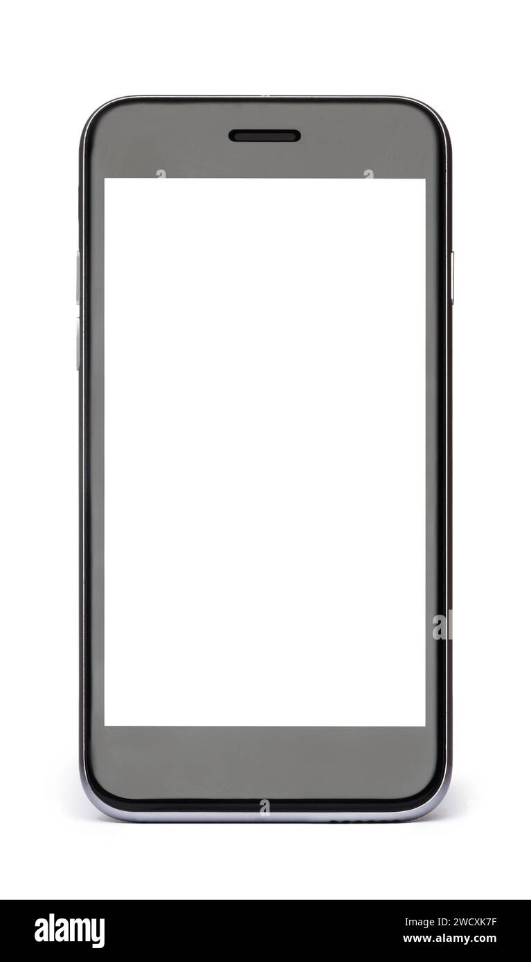 Black phone with white blank screen isolated on white background. Stock Photo