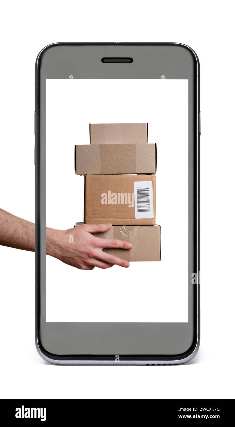 Black mobile phone with hands holding delivery boxes. Isolated on white background. Online shopping concept. Stock Photo
