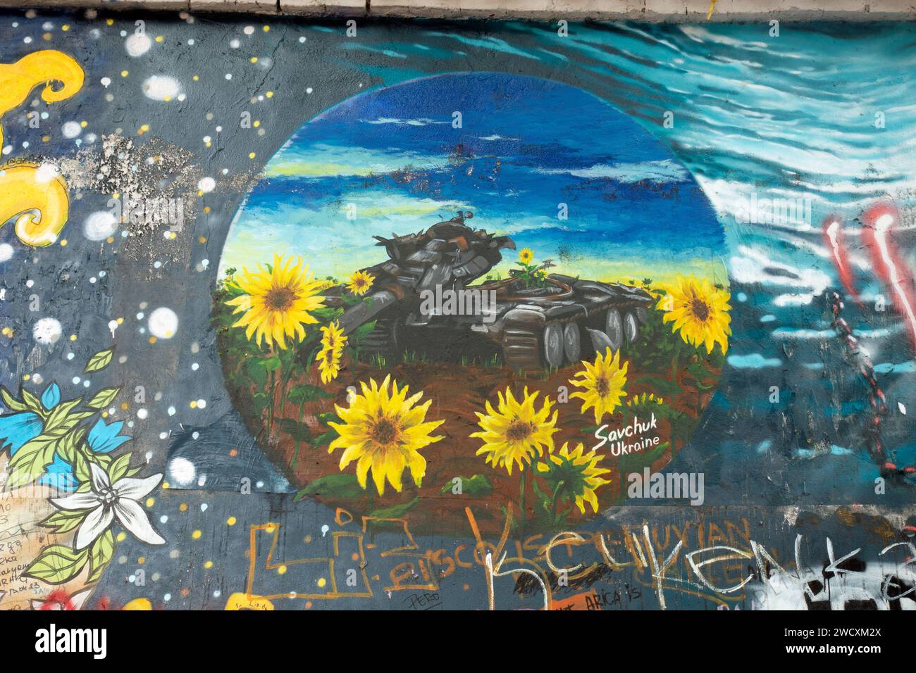 Mural showing support for Ukraine on the Lennon Wall, Malá Strana, Prague, Czechia. Stock Photo