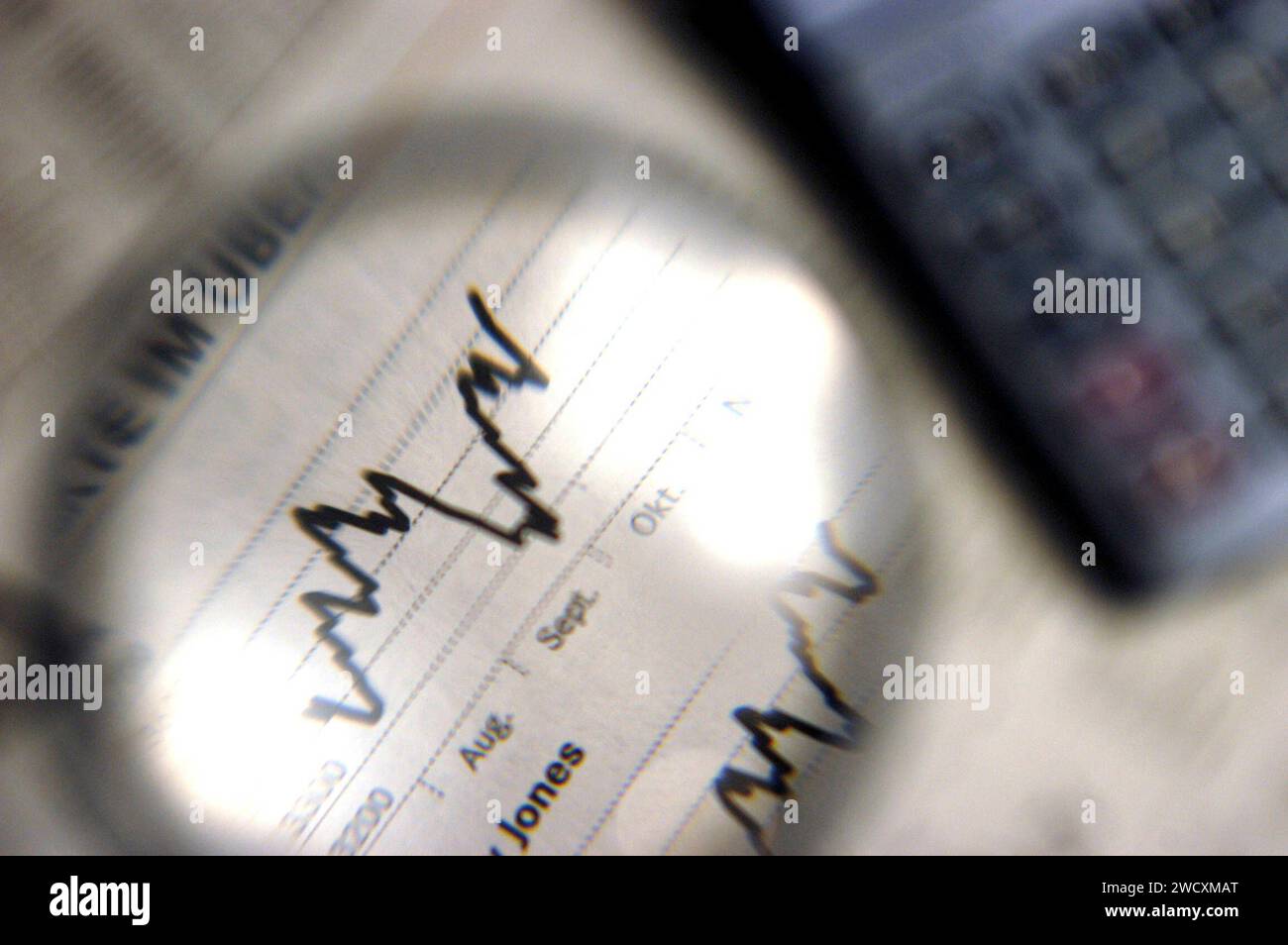Aktien mit einer Lupe betrachtet, Deutschland, BLF *** Shares viewed with a magnifying glass, Germany, BLF BL018731 Stock Photo
