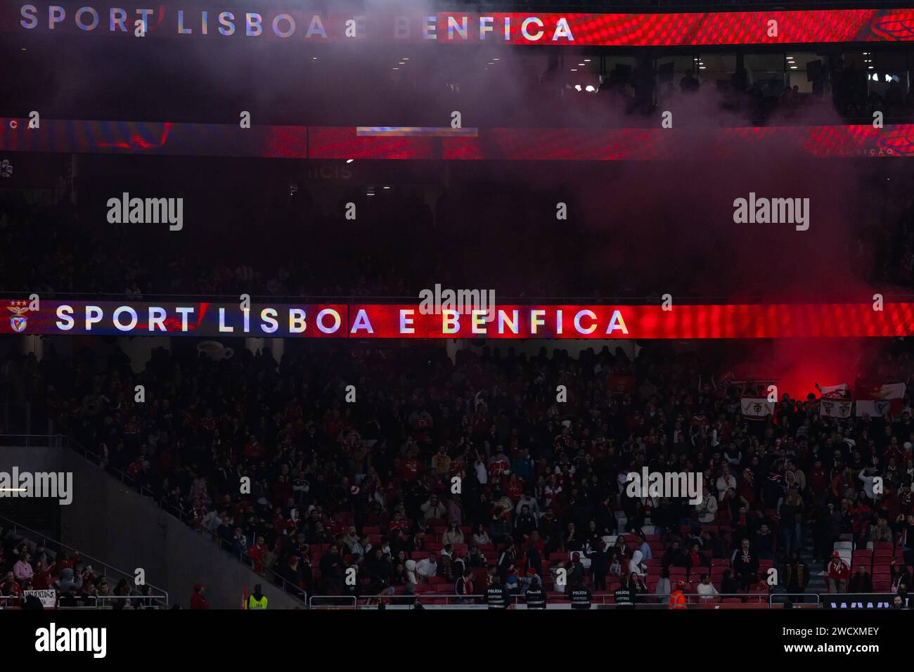 Lisbon, Portugal. 14th Jan, 2024. Benfica fans seen cheering during the Liga Portugal 2023/24