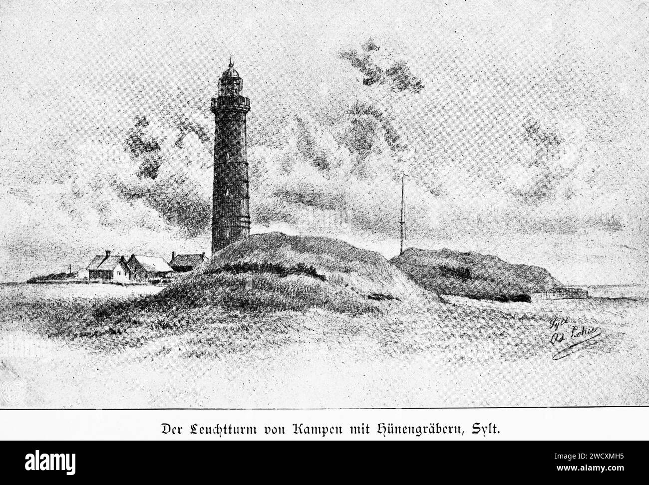 Kampen lighthouse on Sylt island with magalithic grave, North Frisia, today Schleswig-Holstein, former Dukedom Schleswig, Northern Germany,  Europe Stock Photo