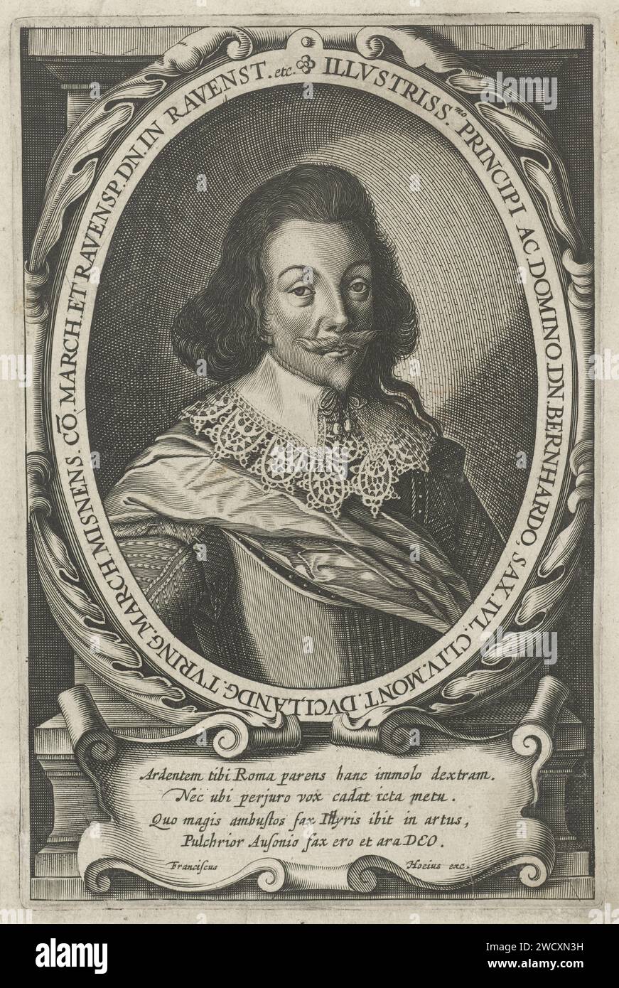 Portrait of Bernhard, Duke of Saxony -Weimar, François van den Hoeye, 1601 - 1636 print Bust to the right of Bernhard, Duke of Saxony-Weimar in an oval, in which his name and title in Latin. Under the portrait a cartouche with four lines in Latin. Amsterdam paper engraving Stock Photo