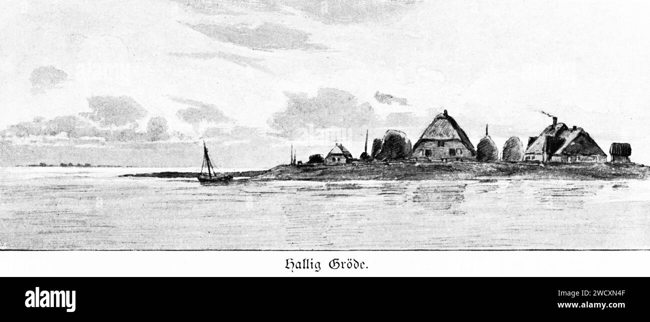 Hallig Gröde, a tiny North Sea isle with few houses, North Frisia,today Schleswig-Holstein, former Dukedom Schleswig, Northern Germany, Central Europe Stock Photo