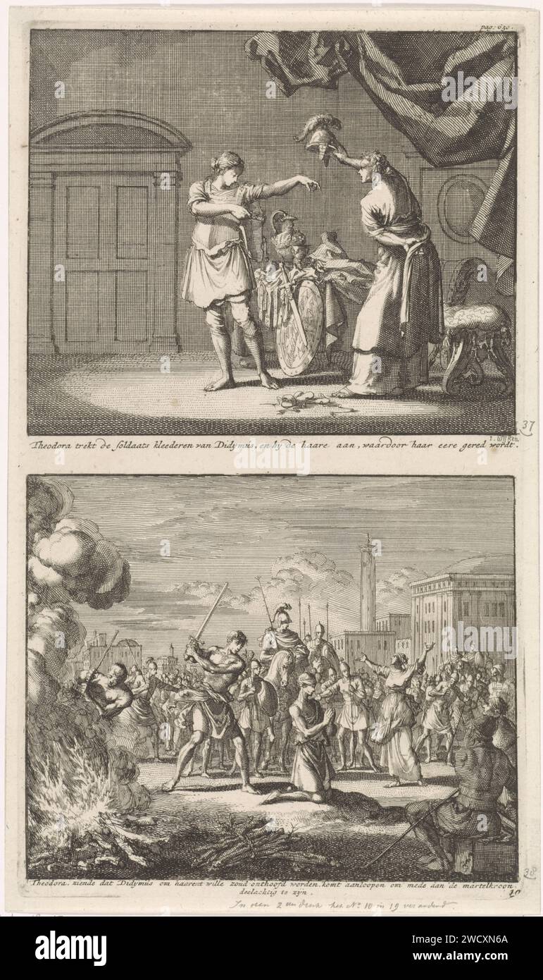 Holy Theodora is liberated by Didymus and the torture death of Saint Theodora and Didymus, Jan Luyken, 1700 print Two performances on a plate. Above: The Holy Theodora attracts Didymus soldiers' clothing. For example, she escaped from a brothel where she was locked up. Below: Didymus is blindfolded on his knees and is about to be beheaded with a sword by the executioner. The H. Theodora stops execution and demands to be executed together with Didymus. Amsterdam paper etching the early Christian Churches, e.g. Armenians, Copts, Syrians. female saints (with NAME). male saints (with NAME). violen Stock Photo
