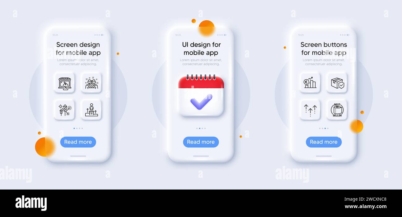 Euro rate, Parcel insurance and Swipe up line icons pack. For web app. 3d phone mockups. Vector Stock Vector