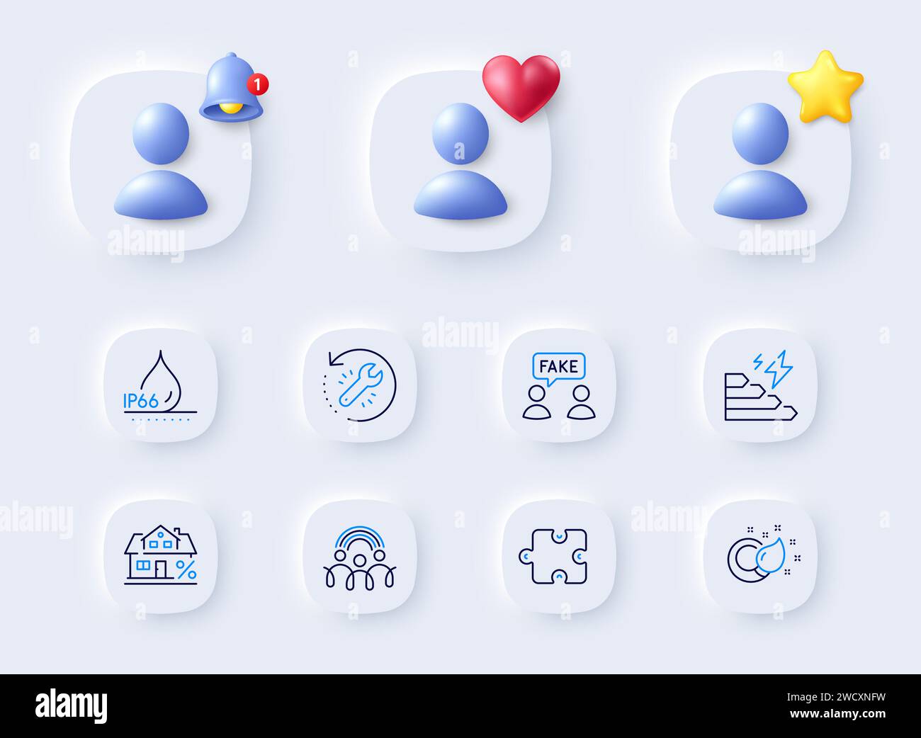 Waterproof, Fake information and Recovery tool line icons. For web app, printing. Vector Stock Vector