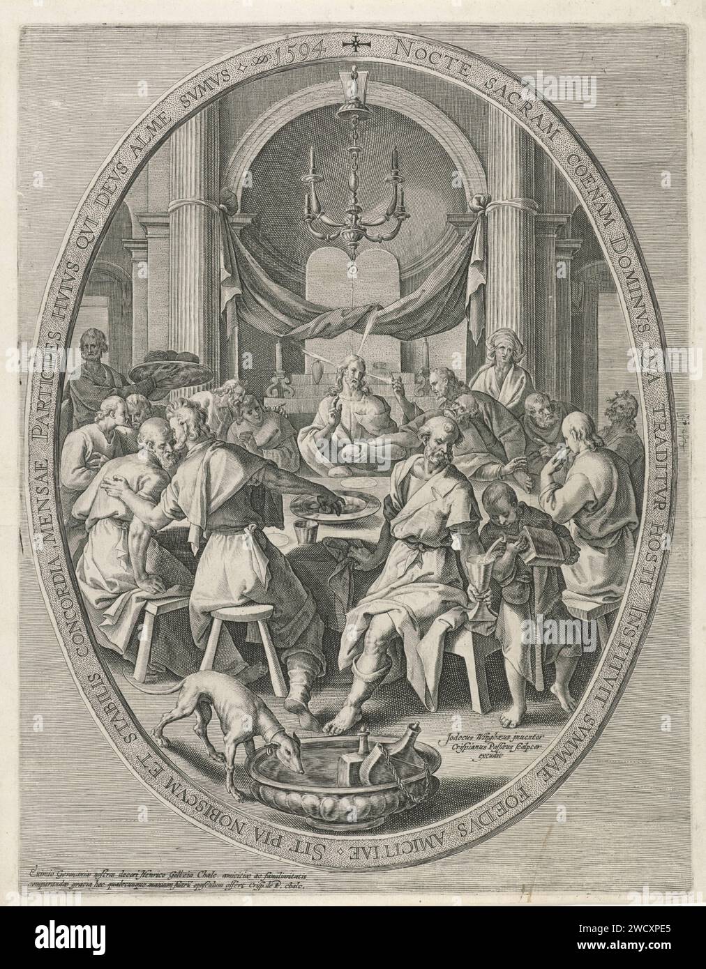 Last Supper, Crispijn van de Passe (I), After Joos van Winghe, 1594 print Christ and his students sit around a table. Christ holds the bread and makes a blessing gesture. In the background on an altar are the tables of the law. The show is caught in an oval frame with an edge writing in Latin. Cologne paper engraving Last Supper (in general) (Matthew 26:21-35; Mark 14:18-31; Luke 22:3, 22:15-23; John 13:21-38). institution of the Eucharist, i.e. Christ showing or blessing bread (host) and/or wine (Matthew 26:26-27; Mark 14:22-23; Luke 22:19-20; John 13:26; 1 Corinthians 11:23-25) Stock Photo