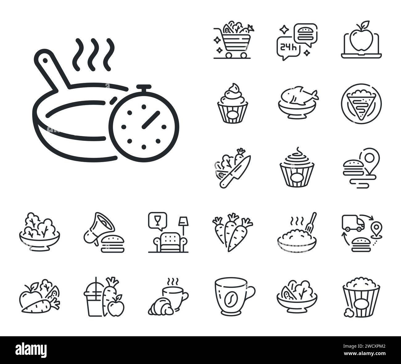 Frying pan line icon. Cooking timer sign. Food preparation. Crepe