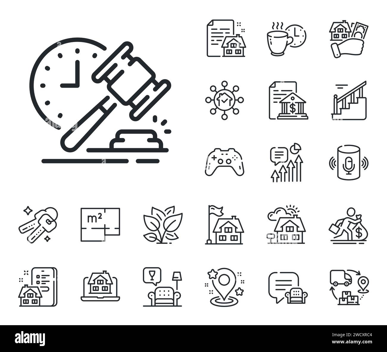 Auction hammer line icon. Bid offer sign. Floor plan, stairs and lounge