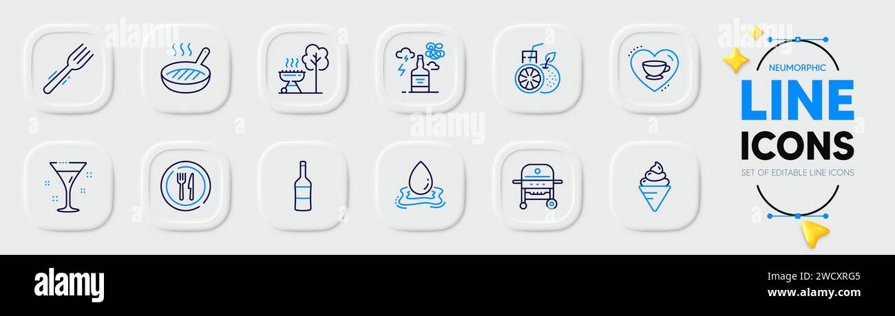 Gas grill, Orange juice and Ice cream line icons for web app. Pictogram icon. Vector Stock Vector