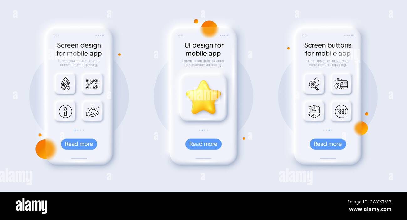 Info, Sunny weather and Augmented reality line icons pack. For web app. 3d phone mockups. Vector Stock Vector