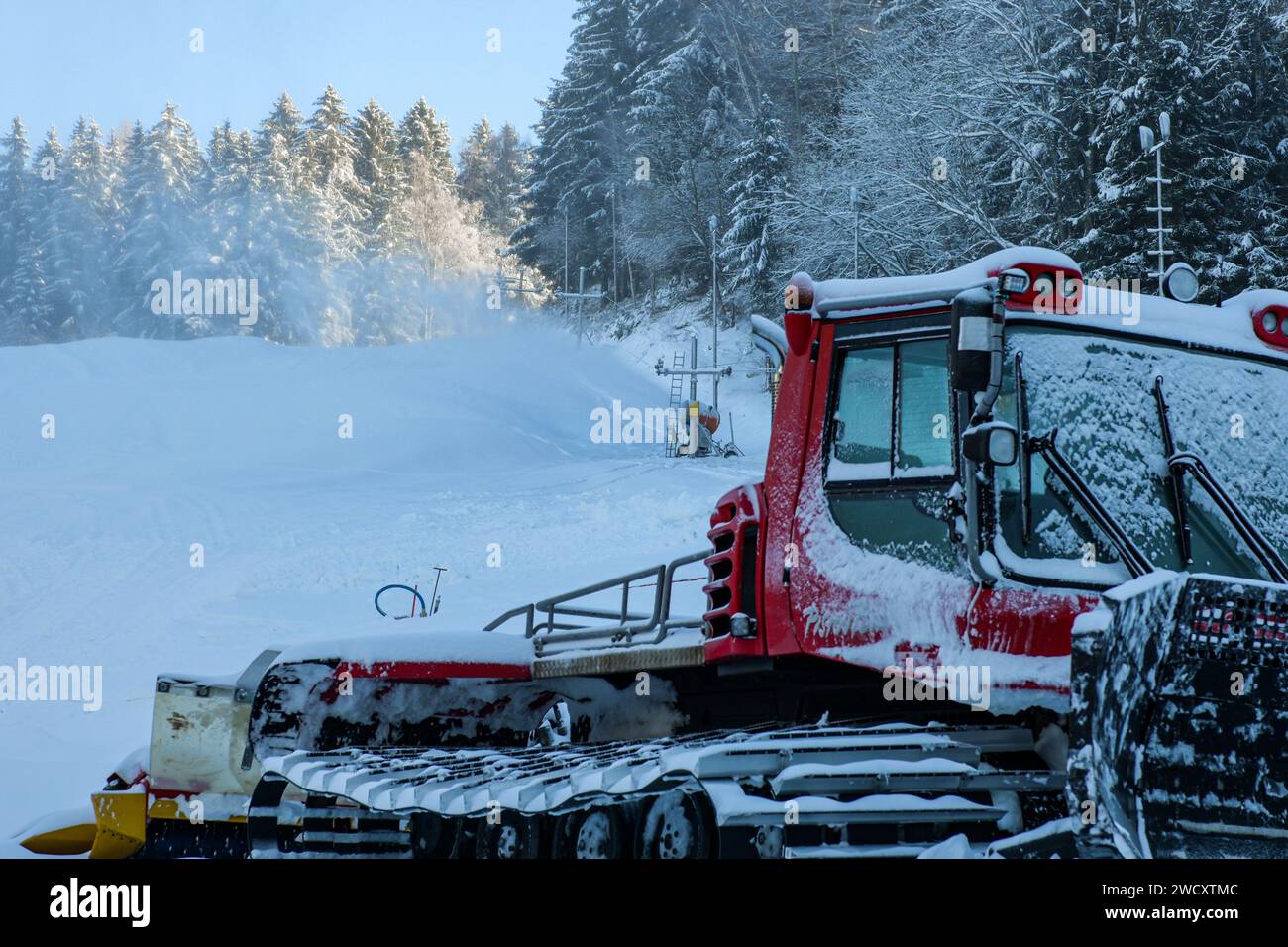 Ratrack spreads snow against the background of a snow cannon, as the snow sprays, the sun shines on the trees in the background. Stock Photo