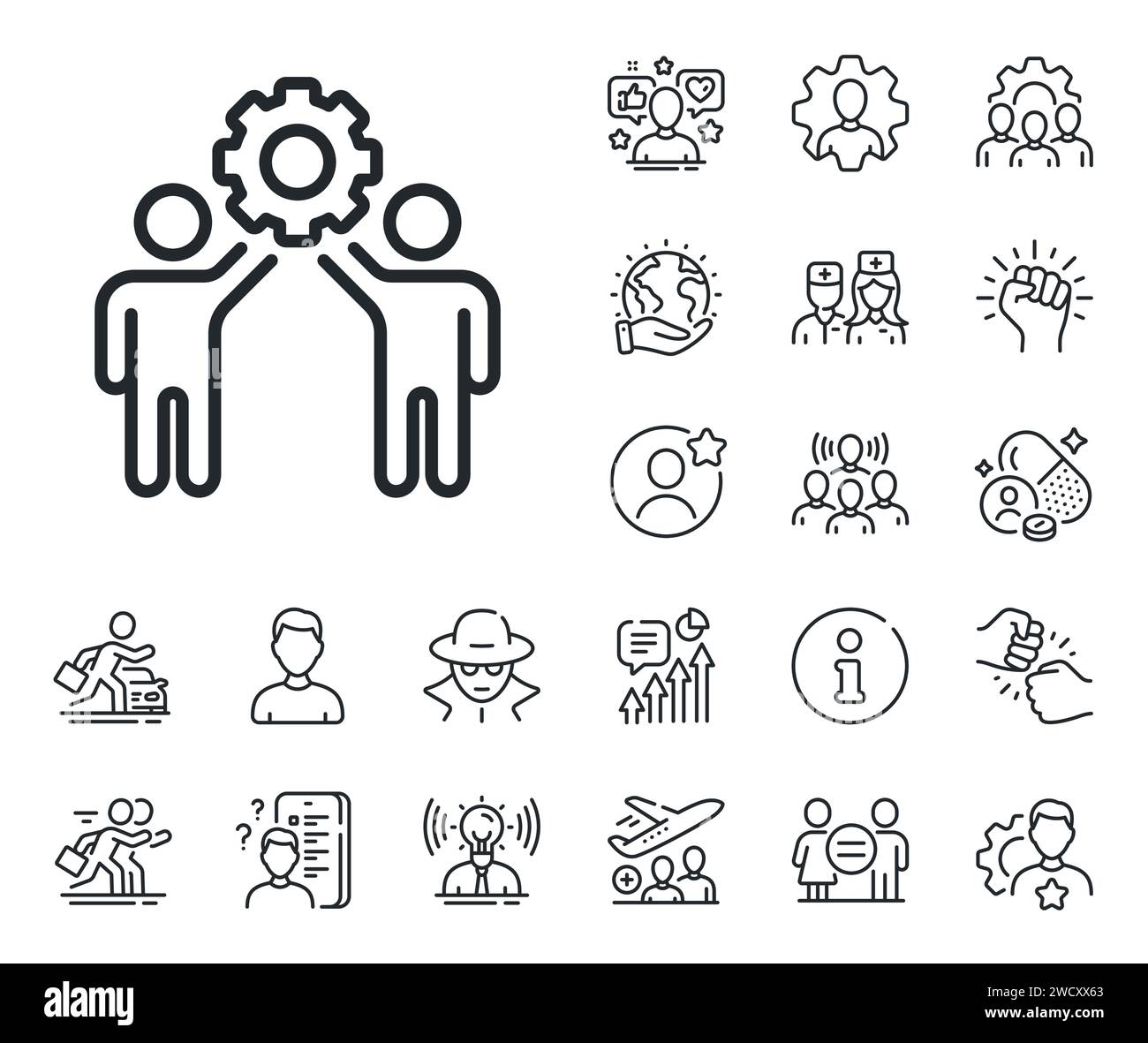 Employees teamwork line icon. Collaboration sign. Development partners ...