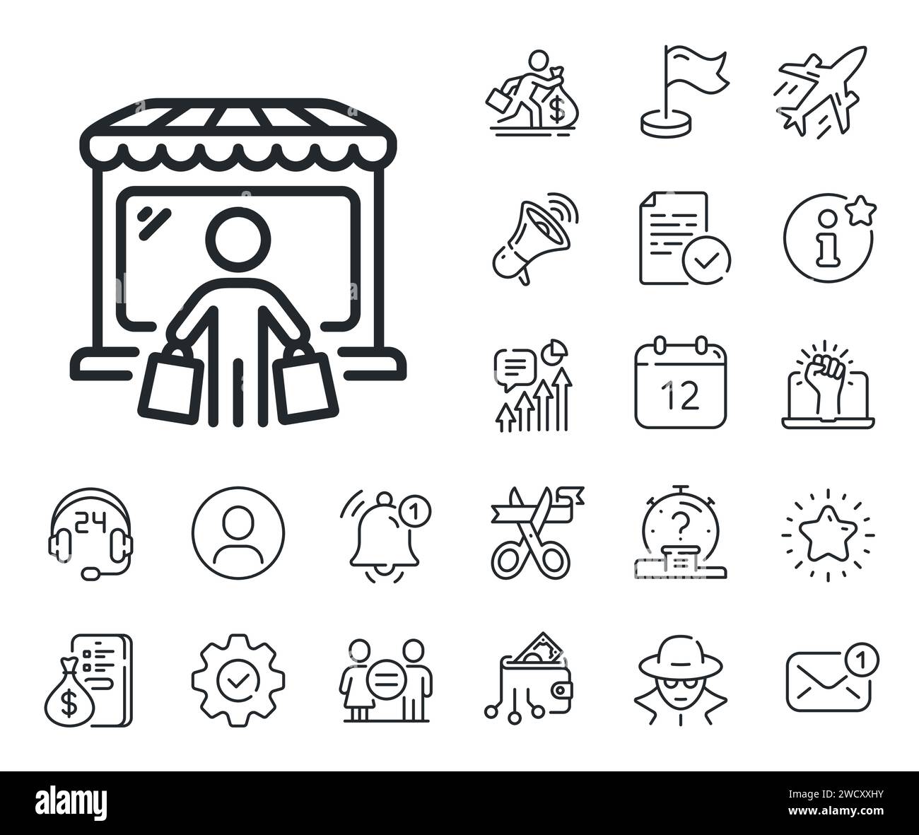 Market buyer line icon. Wholesale store customer sign. Salaryman, gender equality and alert bell