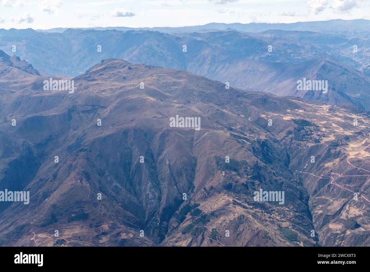 A view from a plane of the Sacred Valley near Cusco in the Andes mountains in Peru Stock Photo