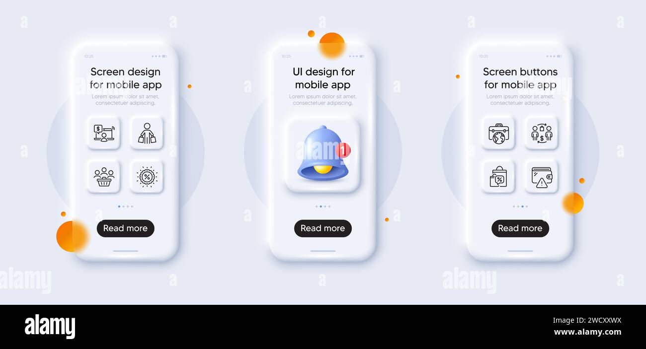 Buying process, Discount and Businessman case line icons pack. For web ...