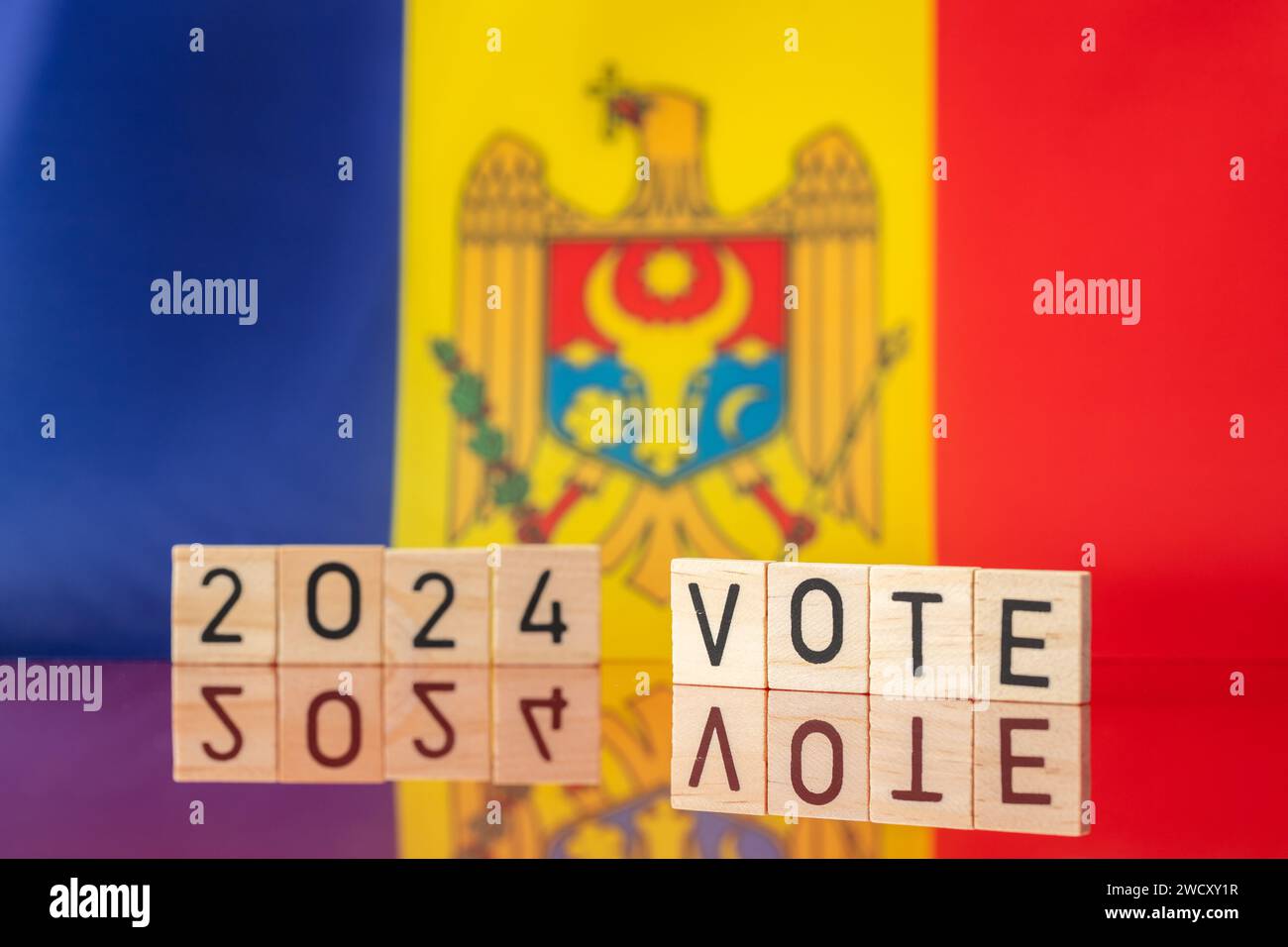 Moldova flag and the inscription VOTE 2024. Concept, Elections in