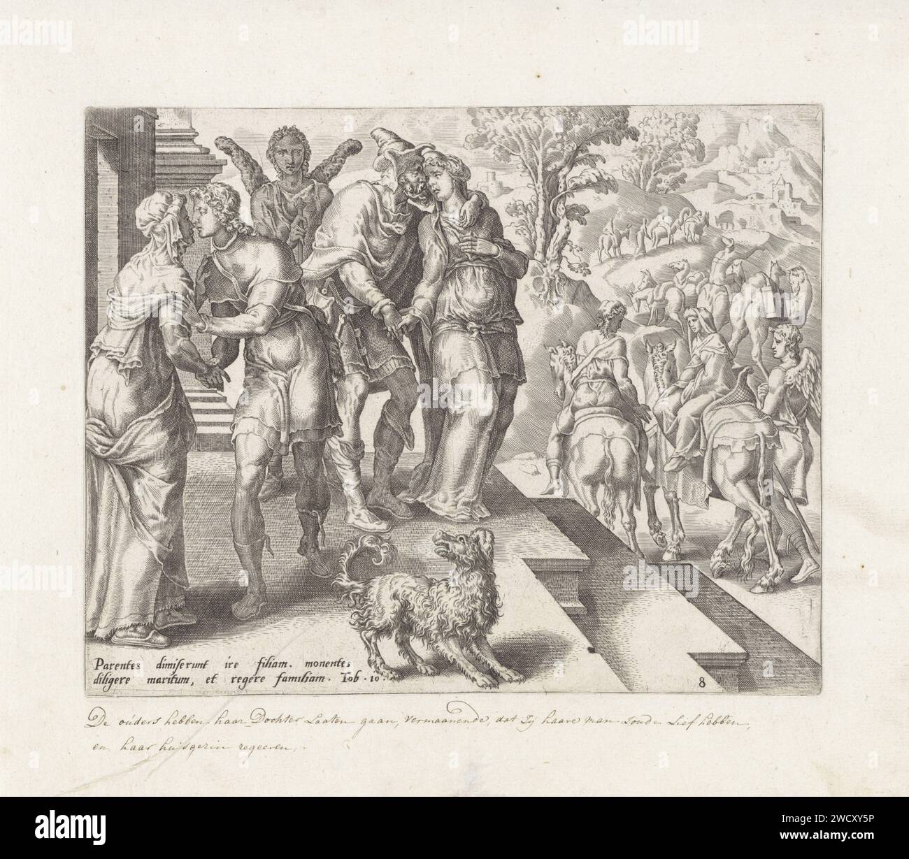 Departure of Tobias and Sara, Anonymous, After Maarten van Heemskerck, 1556 - 1633 print Sara says goodbye to Raguel and Tobias from Edna. The Archangel Rafaël watches. Tobias and Sara leave on horseback with camels and donkeys for them, which are packed with half of Raguels possessions as a gift for Tobias and his family. At the bottom of the margin a two -way caption in Latin from Tobit 10. print maker: Low Countriespublisher: Antwerppublisher: Antwerp paper engraving the leave-taking  Tobias' return Stock Photo
