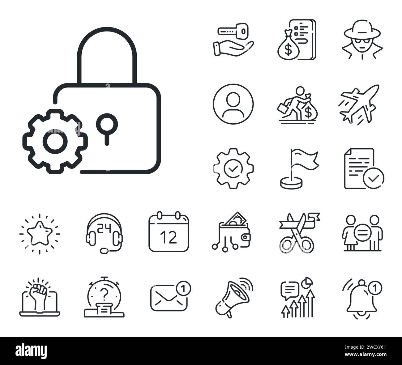 Lock line icon. Padlock cogwheel sign. Salaryman, gender equality and