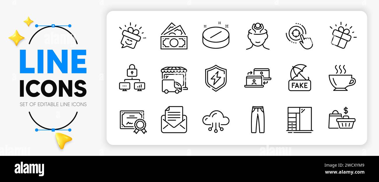 Stress, Cupboard and Medical tablet line icons. For web app. Vector Stock Vector