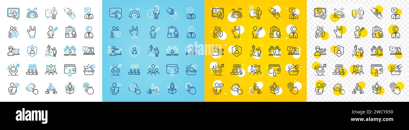 Vector icons set of Success business, Augmented reality and Like photo line icons. For web app. Vector Stock Vector