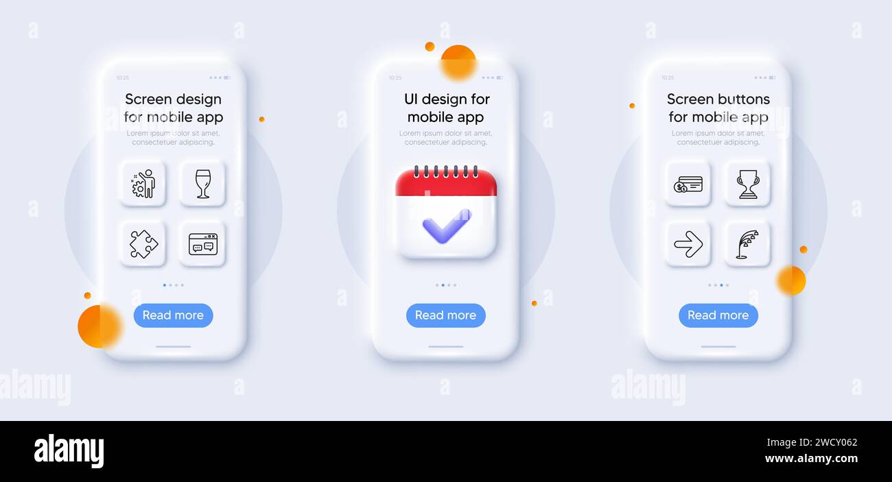 Employee, Award cup and Strategy line icons pack. For web app. 3d phone mockups. Vector Stock Vector