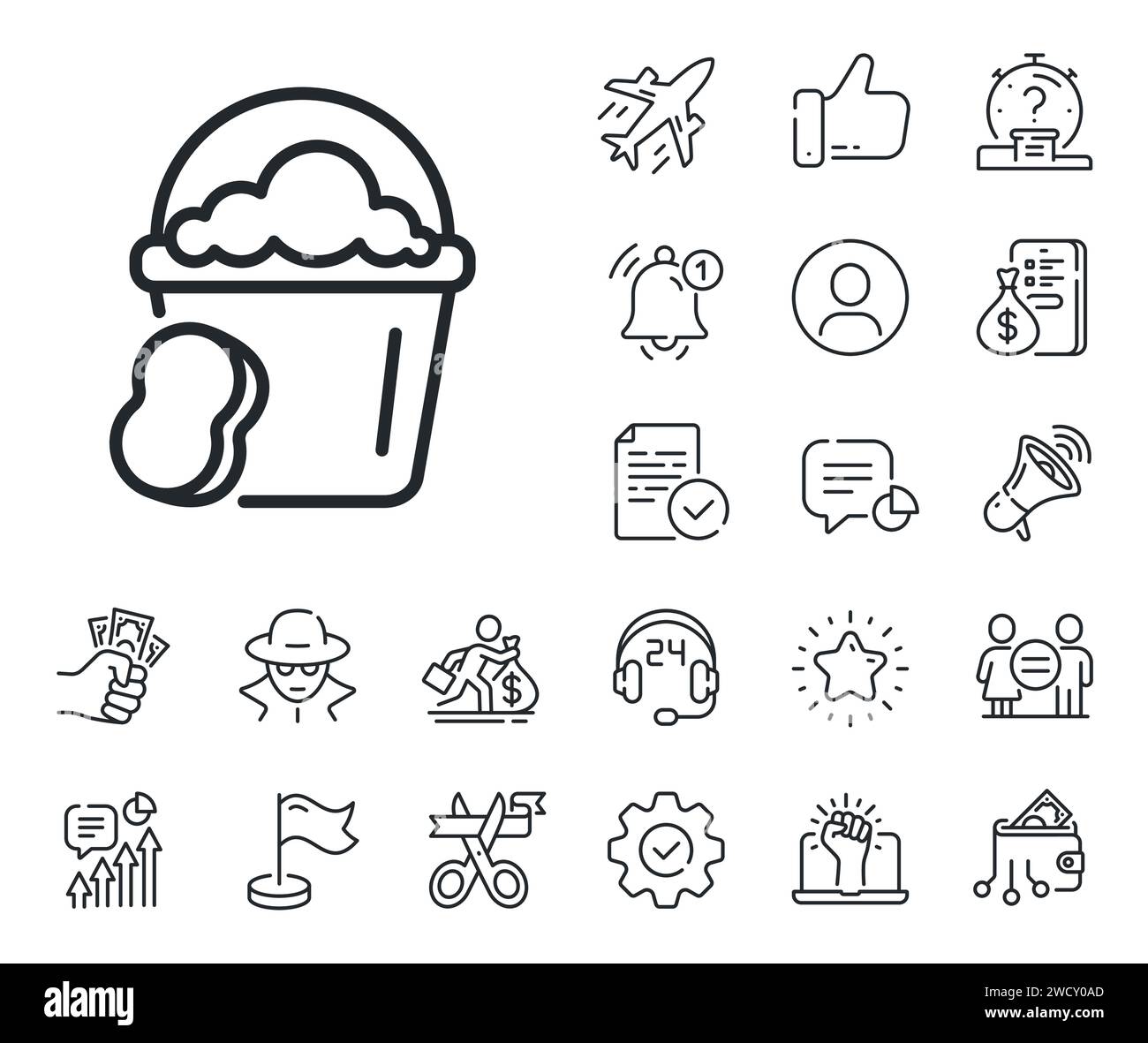 Cleaning bucket with sponge line icon. Salaryman, gender equality and