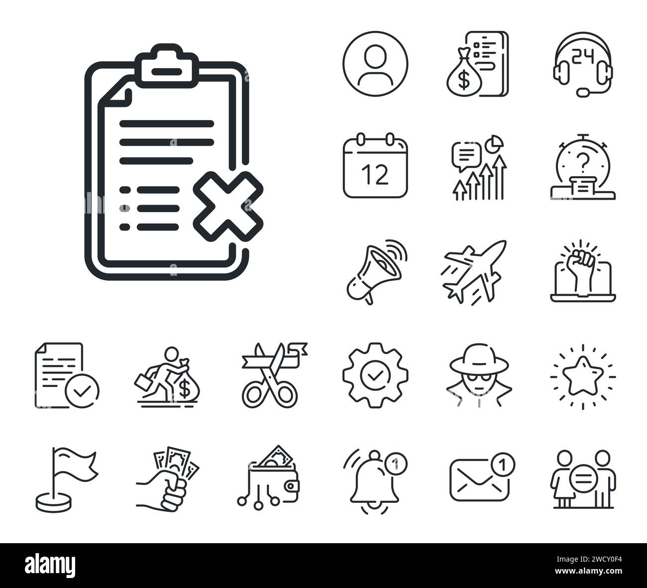 Reject checklist line icon. Decline document sign. Salaryman, gender