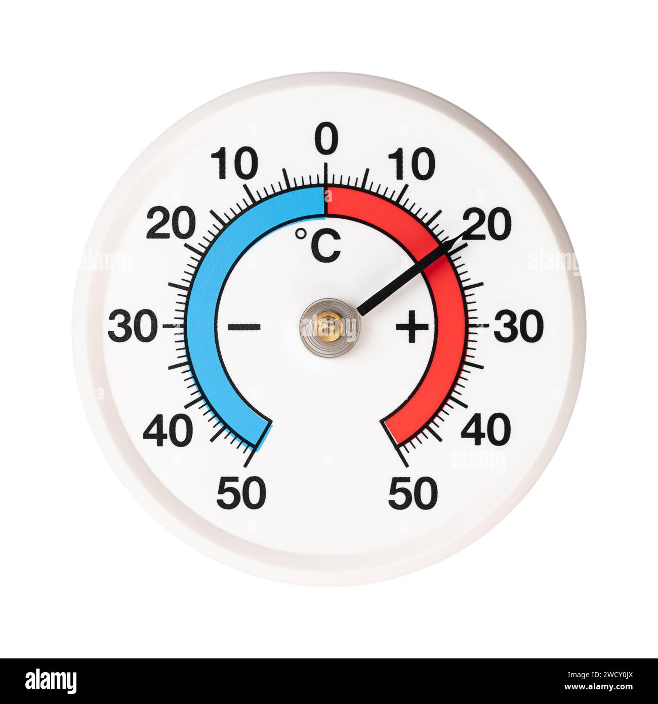 Spiral strip bimetallic thermometer, with degree graduation in Celsius. Temperature changes expand or decrease the two metal strips differently. Stock Photo