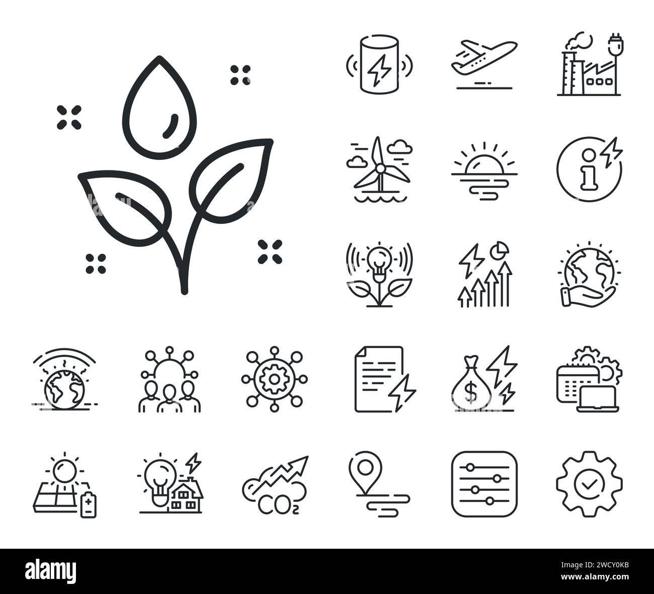 Plants watering line icon. Leaves dew sign. Energy, Co2 exhaust and ...