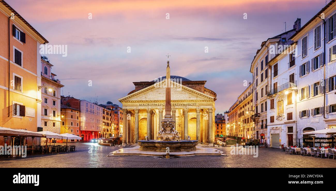 Rome, Italy with the Pantheon and Piazza Della Rotonda at night. Stock Photo