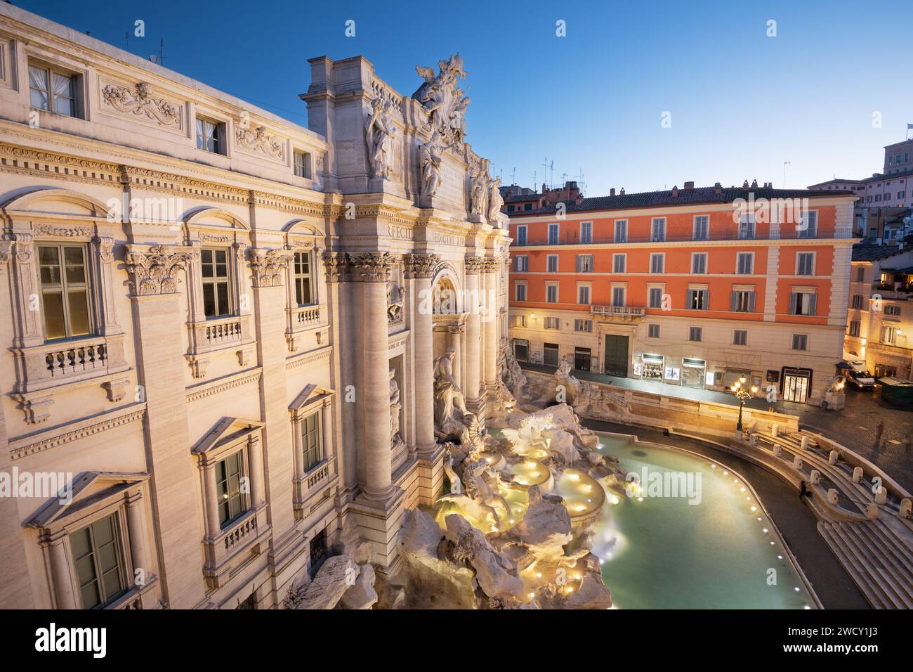 Rome, Italy cityscape overlooking Trevi Fountain at dawn. Stock Photo
