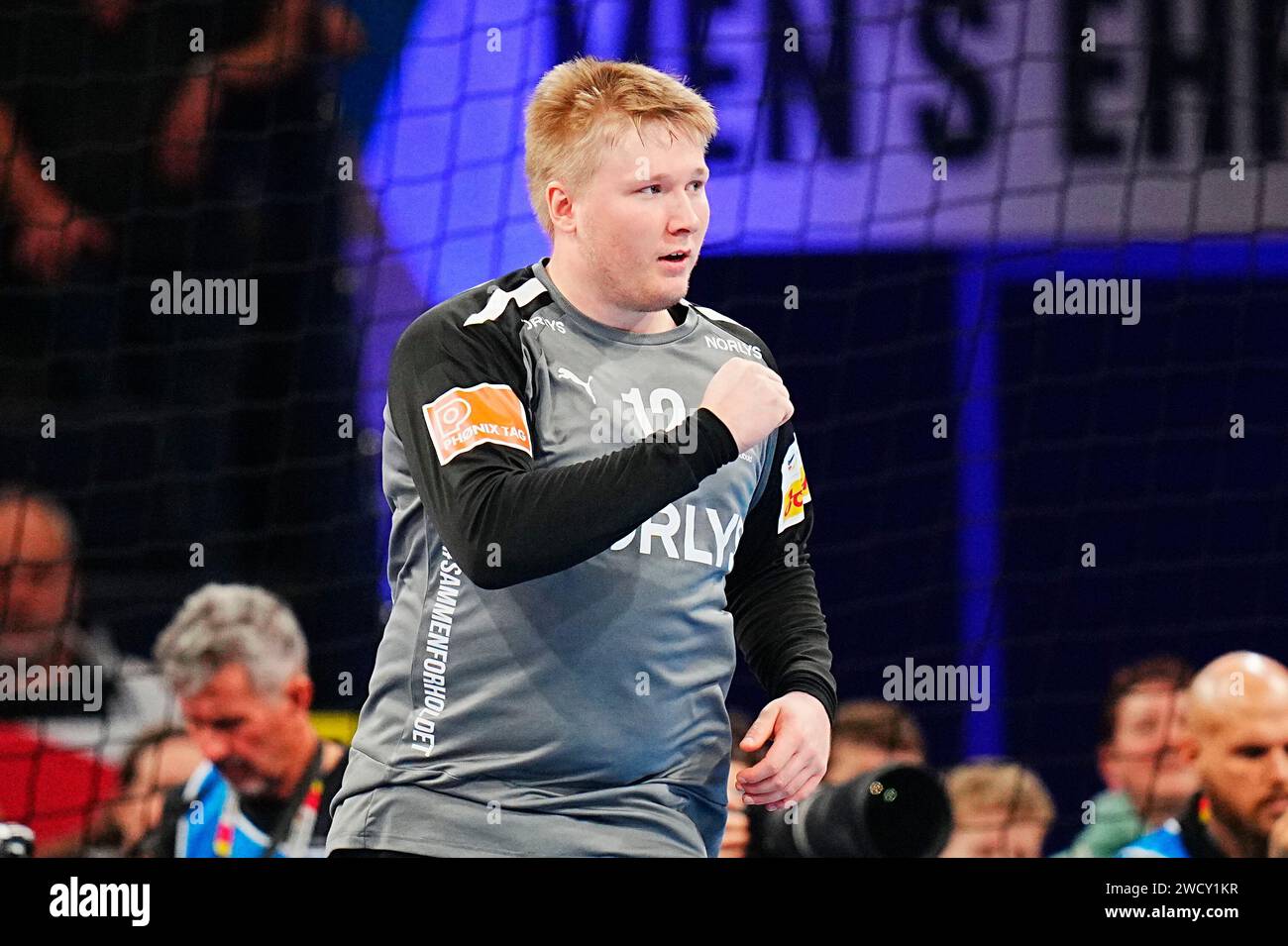 Denmark's goalkeeper Emil Nielsen reacts during the Men's EURO 2024 EHF