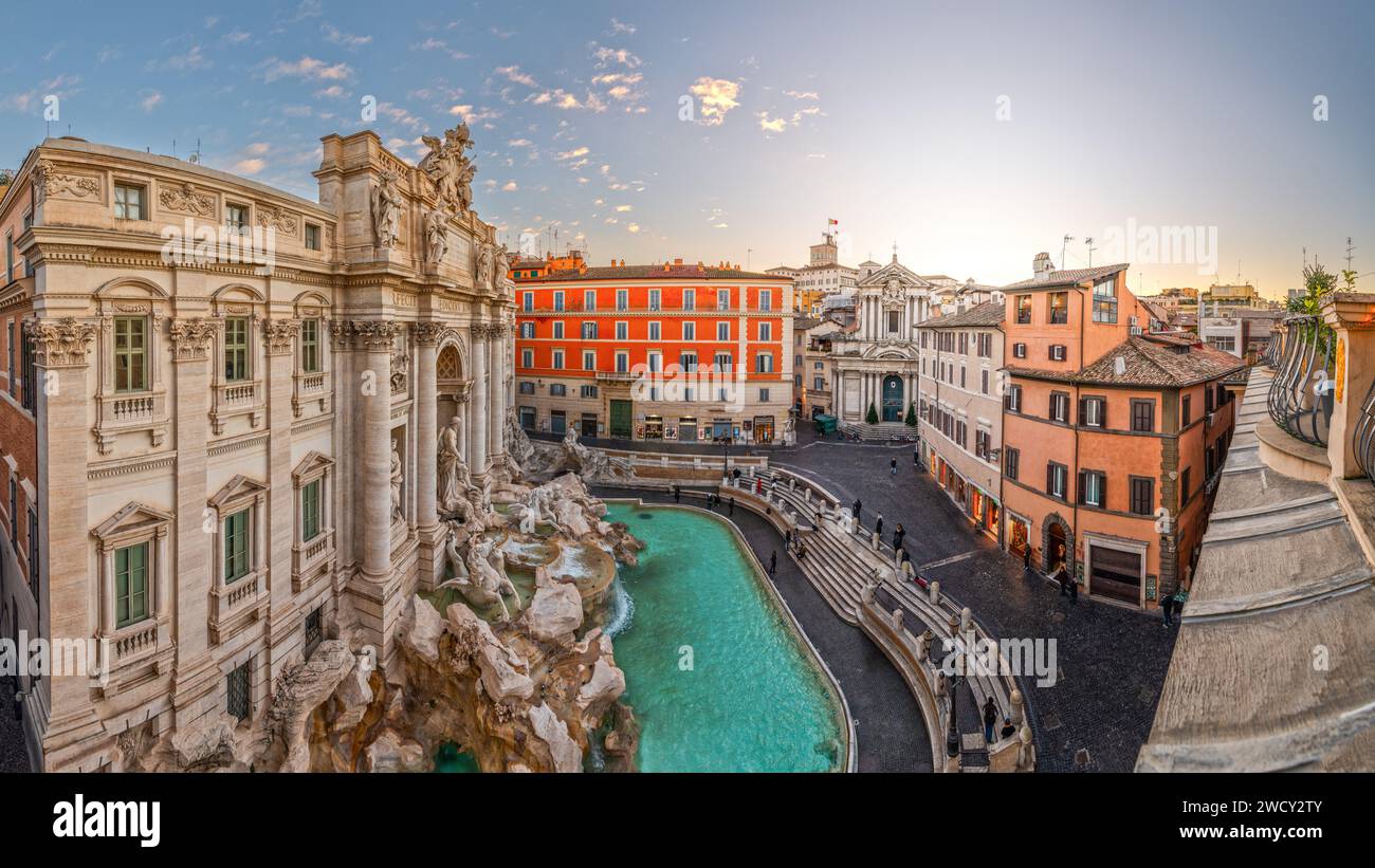 Rome, Italy cityscape overlooking Trevi Fountain at dawn. Stock Photo