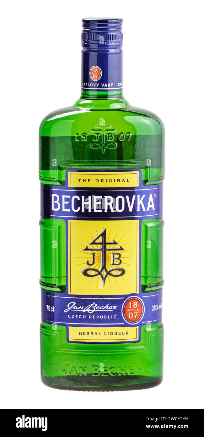 Oryol, Russia - October 30, 2023:  Bottle of Becherovka isolated on a white. Becherovka is a Czech herbal liqueur produced in Karlovy Vary by Jan Bech Stock Photo