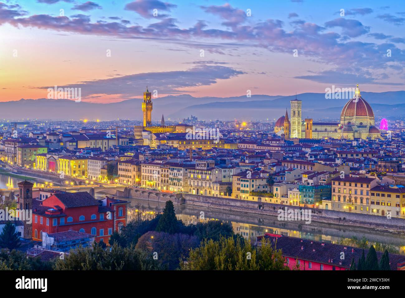 Giottos Bell Tower in Florence, Italy from above at dusk. Stock Photo